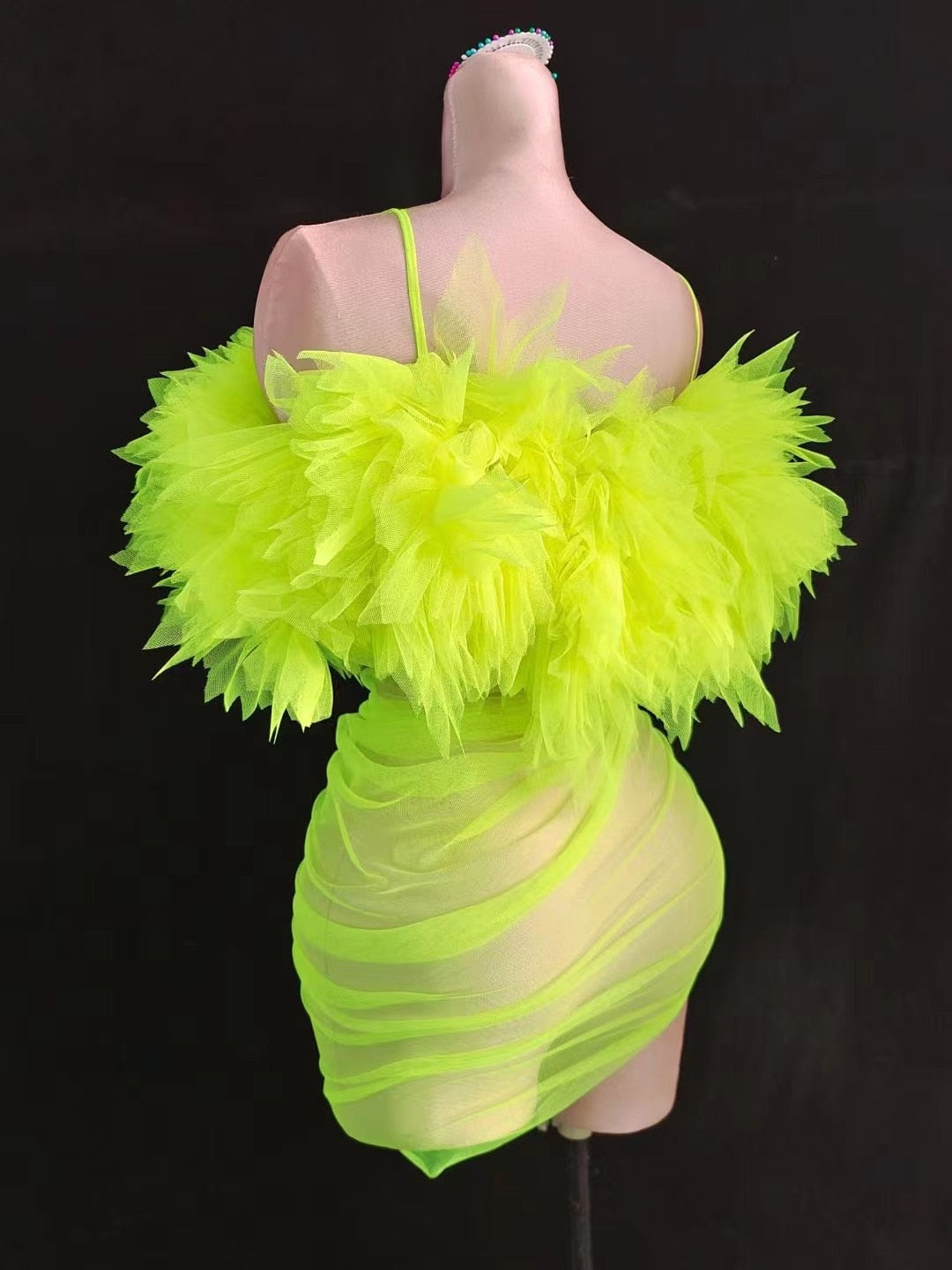 Neon Green Mesh Long Transparent Train Dress