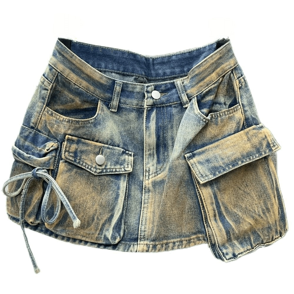 Denim Patchwork Washed Lace-up Cargo A-line Mini Skirt