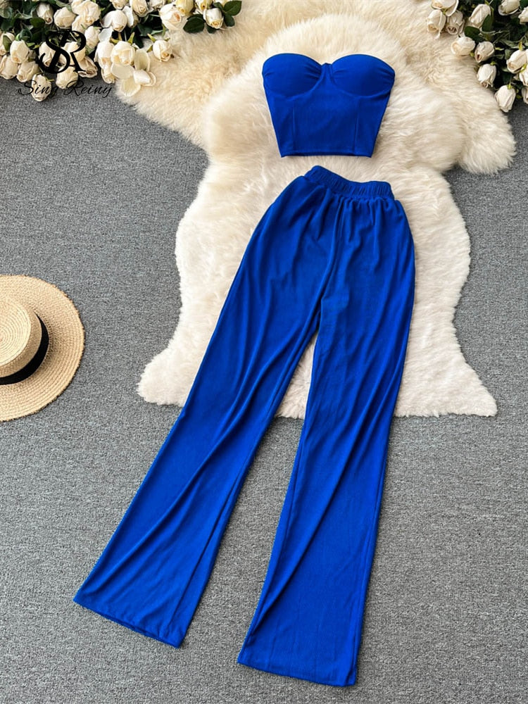 Strapless Slim Camisole + Wide Leg Long Pants Two Piece Suits