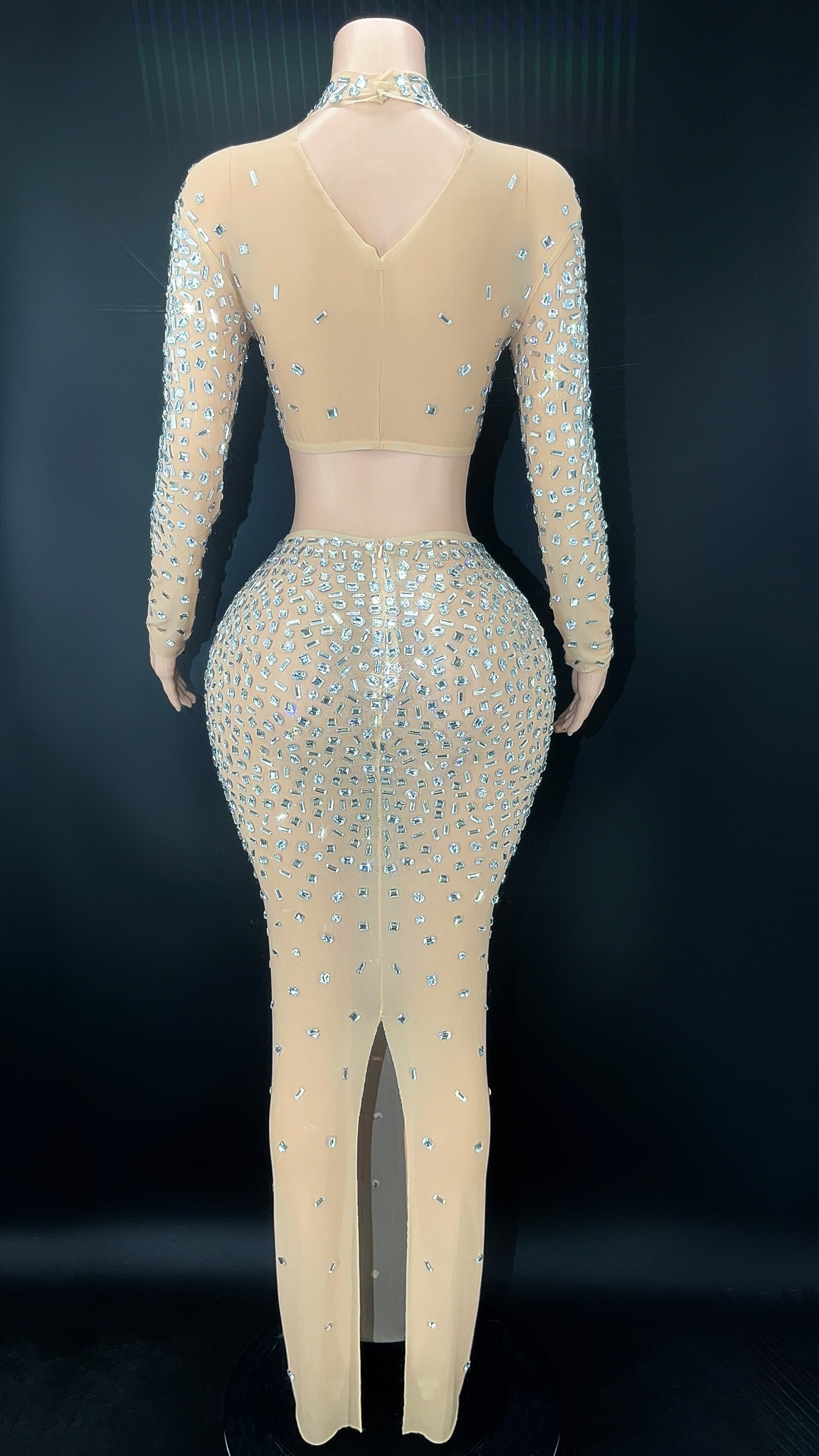 Luxurious Transparent Sparkly Rhinestones Stretchy Two Pieces Set Dress