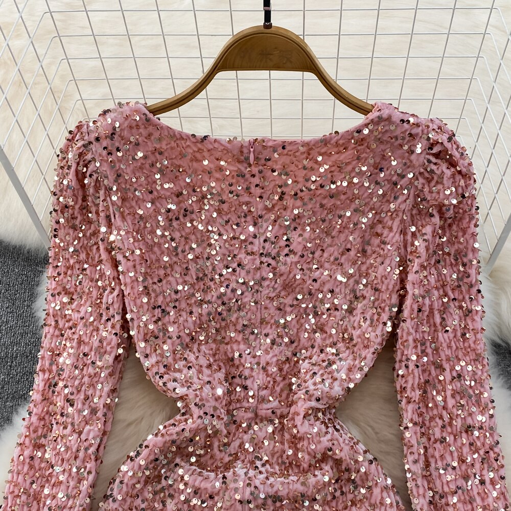 Sequins Glittering Mini Elegant Mesh Patchwork V-neck Long Sleeve Slim Bodycon Velvet Dress