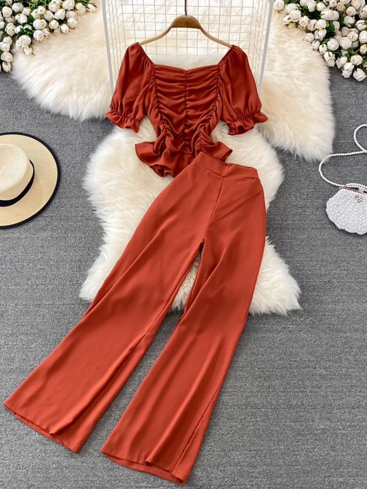 High Waist Drape Pants, Square Collar  Blouse Two-piece Suit