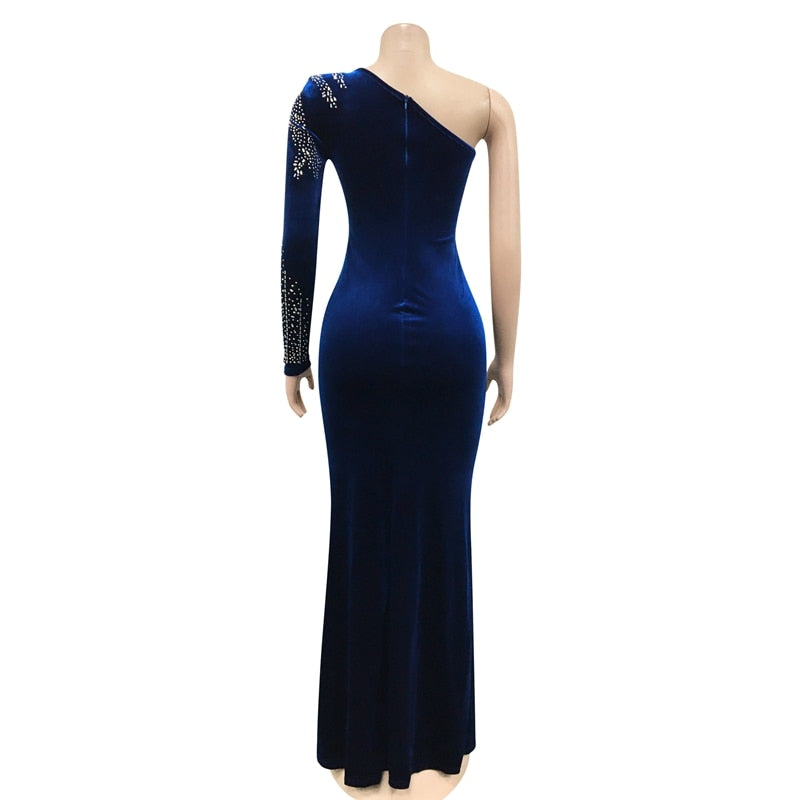 Velvet Elegant Sheer Mesh Rhinestone Bodycon Maxi Dress