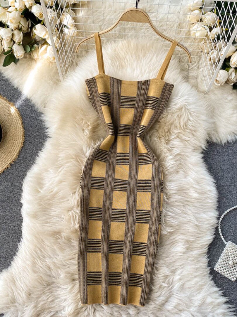 plaid print spaghetti strap bodycon mini dress and long sleeve knit cardigan suits