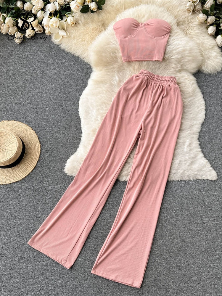 Strapless Slim Camisole + Wide Leg Long Pants Two Piece Suits