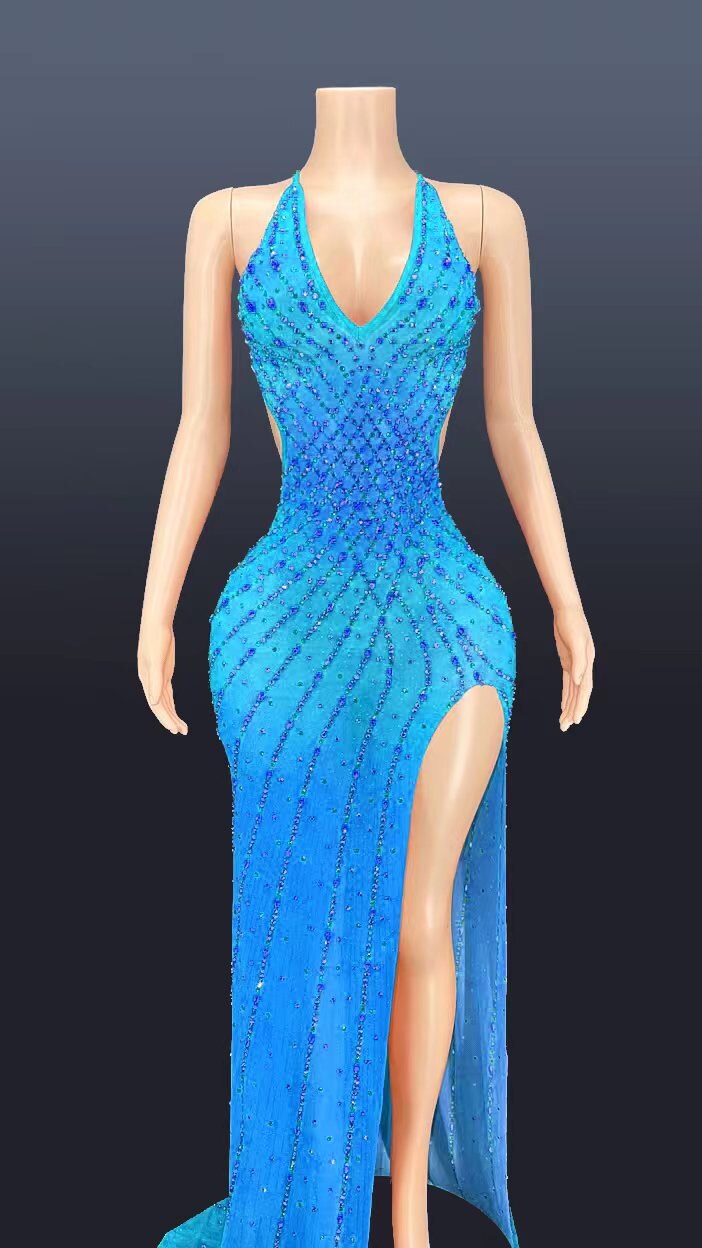 Transparent Sparkly Rhinestone Halter Mesh Dress