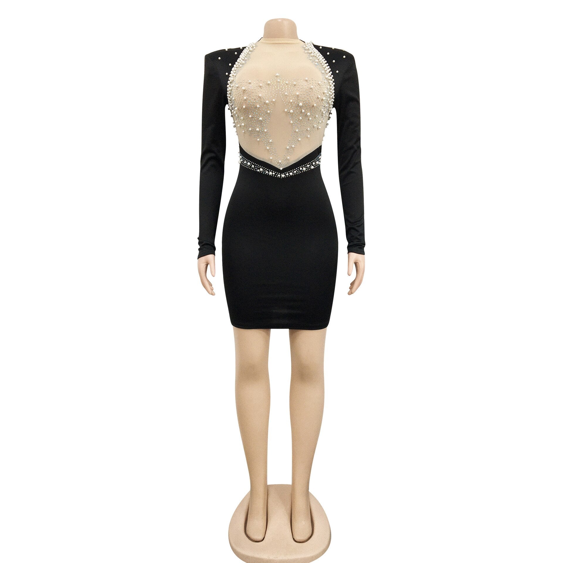 Rhinestone Pearl Mesh Bodycon Dress