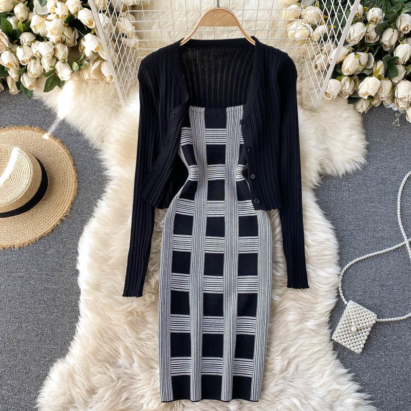 plaid print spaghetti strap bodycon mini dress and long sleeve knit cardigan suits