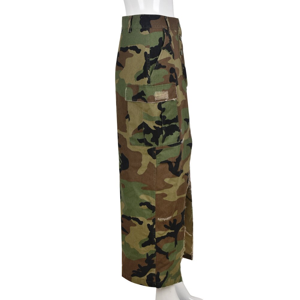 Camouflage High Side Slit Button Front Waist Maxi Long Skirt