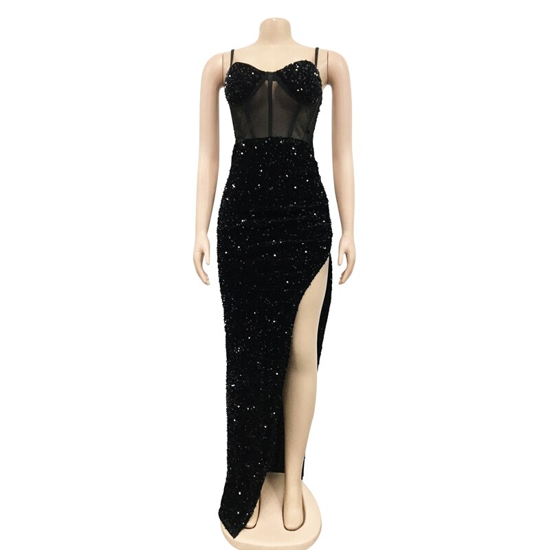 High Slit Glitter Sequin Maxi Dress