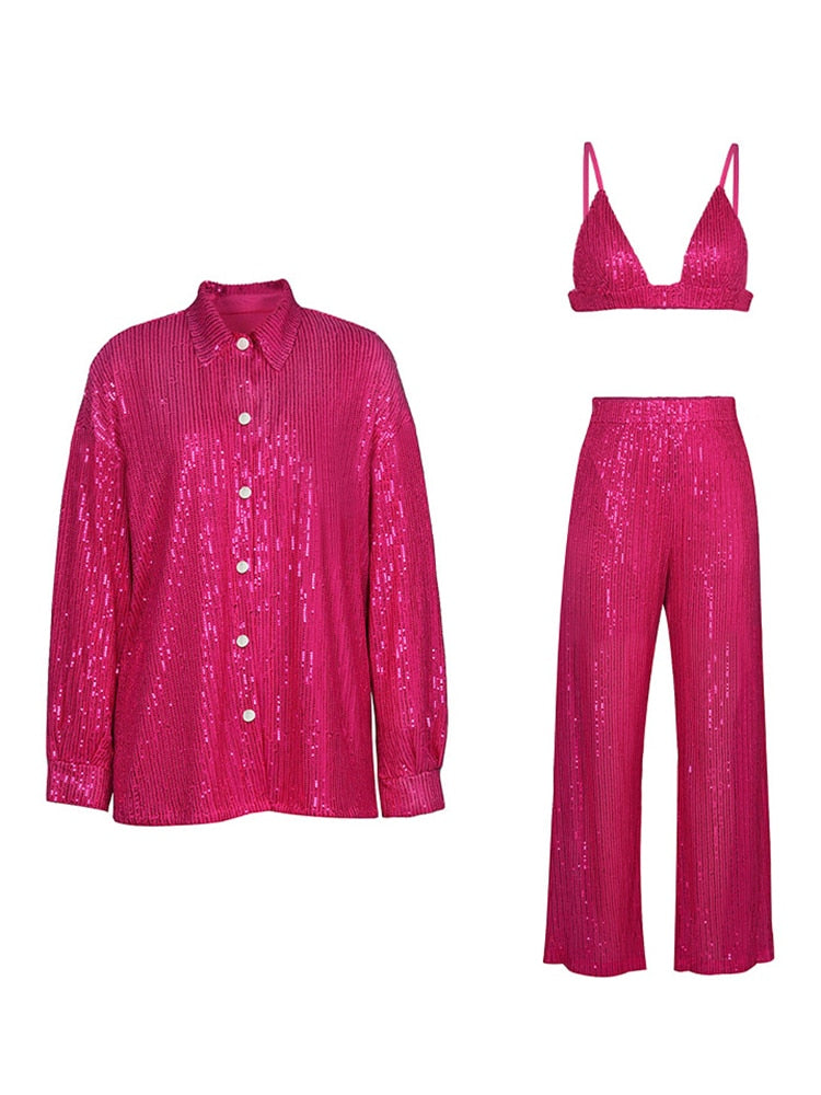 Sparkly Two-piece Set Sequin Top Blouse Shirt And Pants Suit