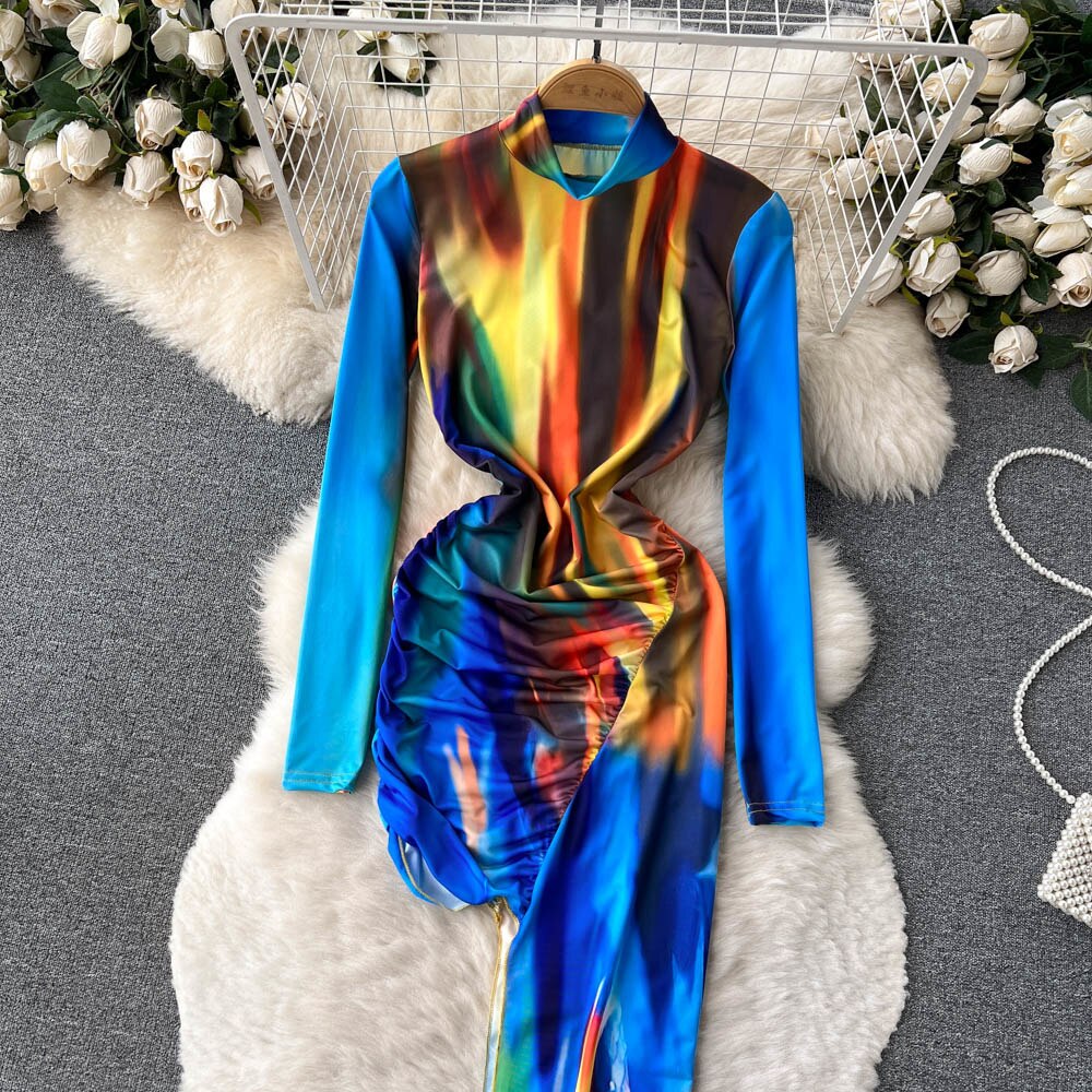 Irregular Long Sleeve Turtleneck Dye-tie Print Bodycon Ruched Dress