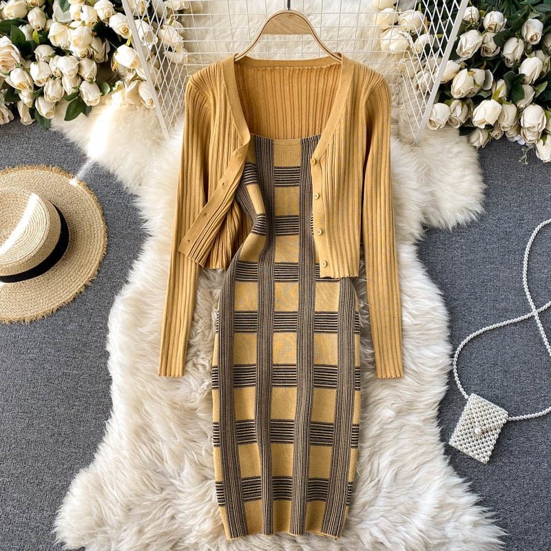 plaid print spaghetti strap bodycon mini dress and long sleeve knit cardigan suits