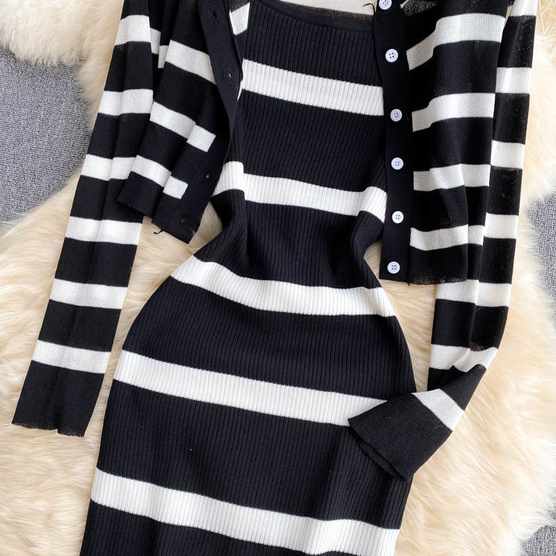 Spaghetti Strap Knitted Cardigan Bodycon Midi Dress