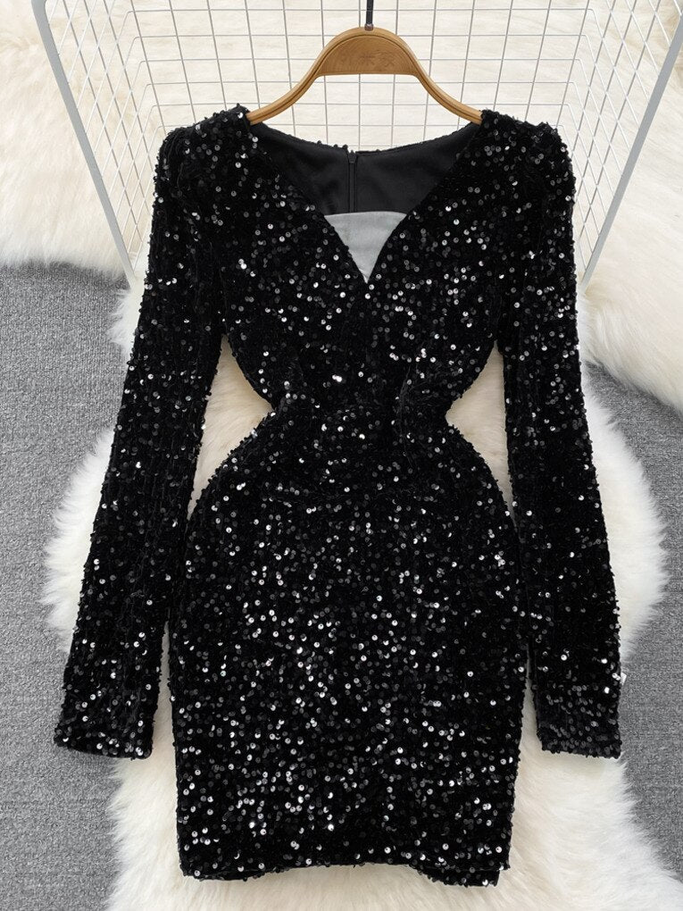 Sequins Glittering Mini Elegant Mesh Patchwork V-neck Long Sleeve Slim Bodycon Velvet Dress