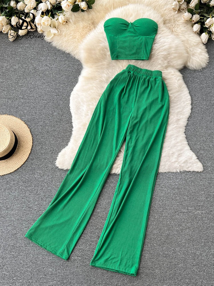 Strapless Slim Camisole + Wide Leg Long Pants Two Piece Suits