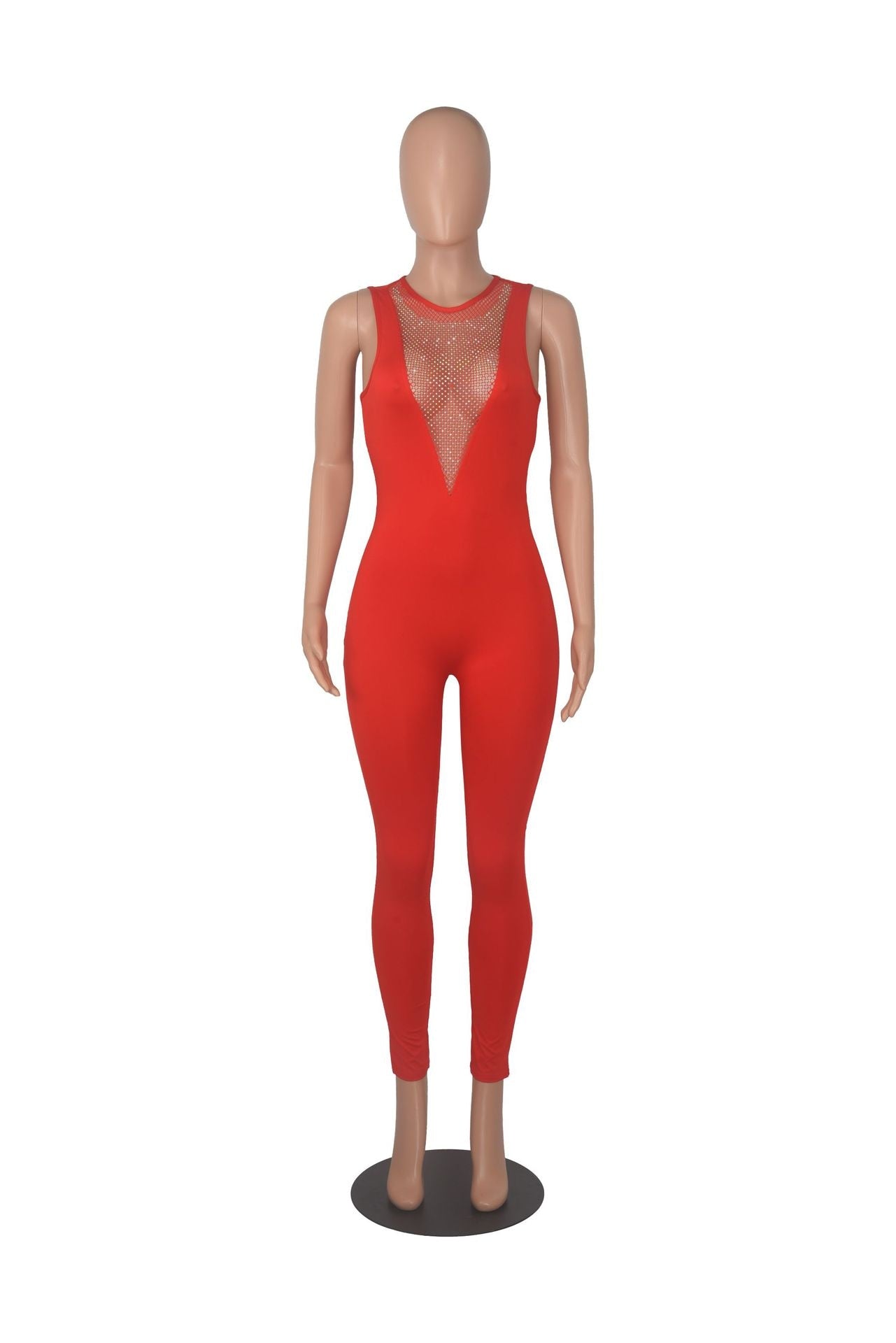 Deep V Neck Sequin Mesh See Through Jumpsuit