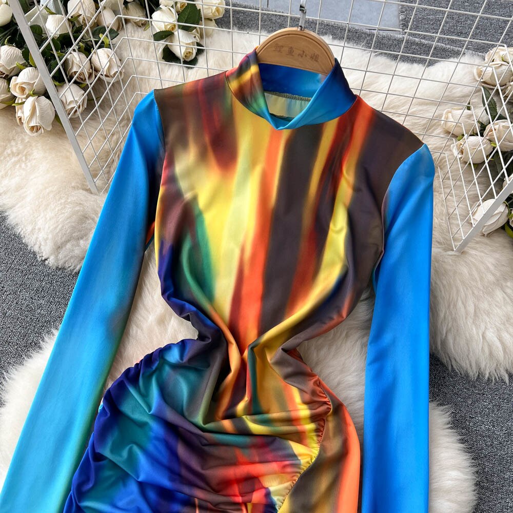 Irregular Long Sleeve Turtleneck Dye-tie Print Bodycon Ruched Dress