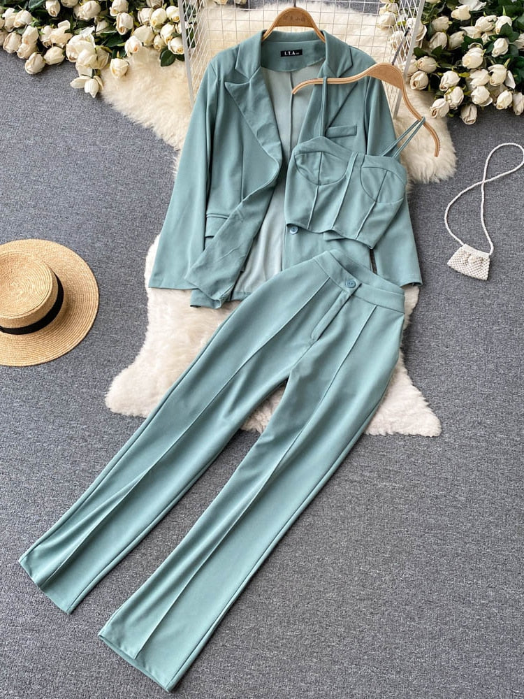 Elegant Three Piece Tank Tops Loose Jacket and Slim High Waisted Long Pants Suits