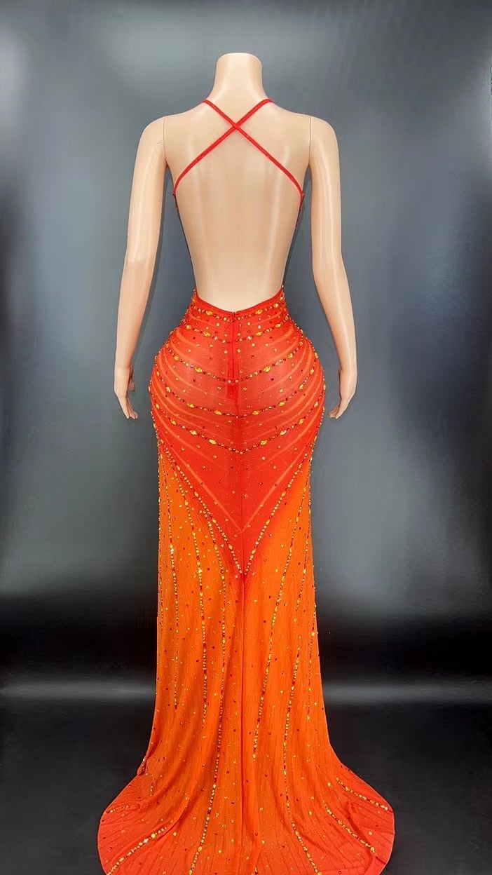 Transparent Sparkly Rhinestone Halter Mesh Dress