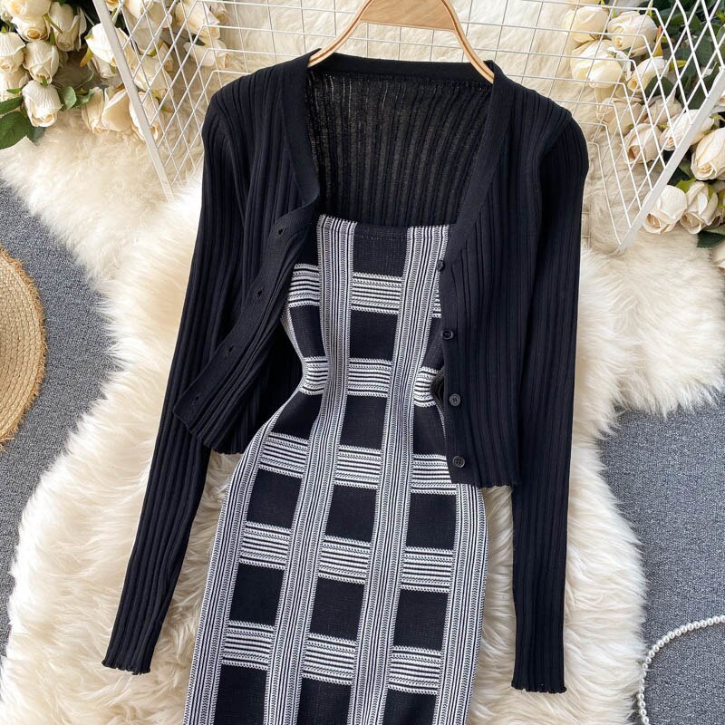 plaid print spaghetti strap bodycon mini dress and long sleeve knit cardigan suits