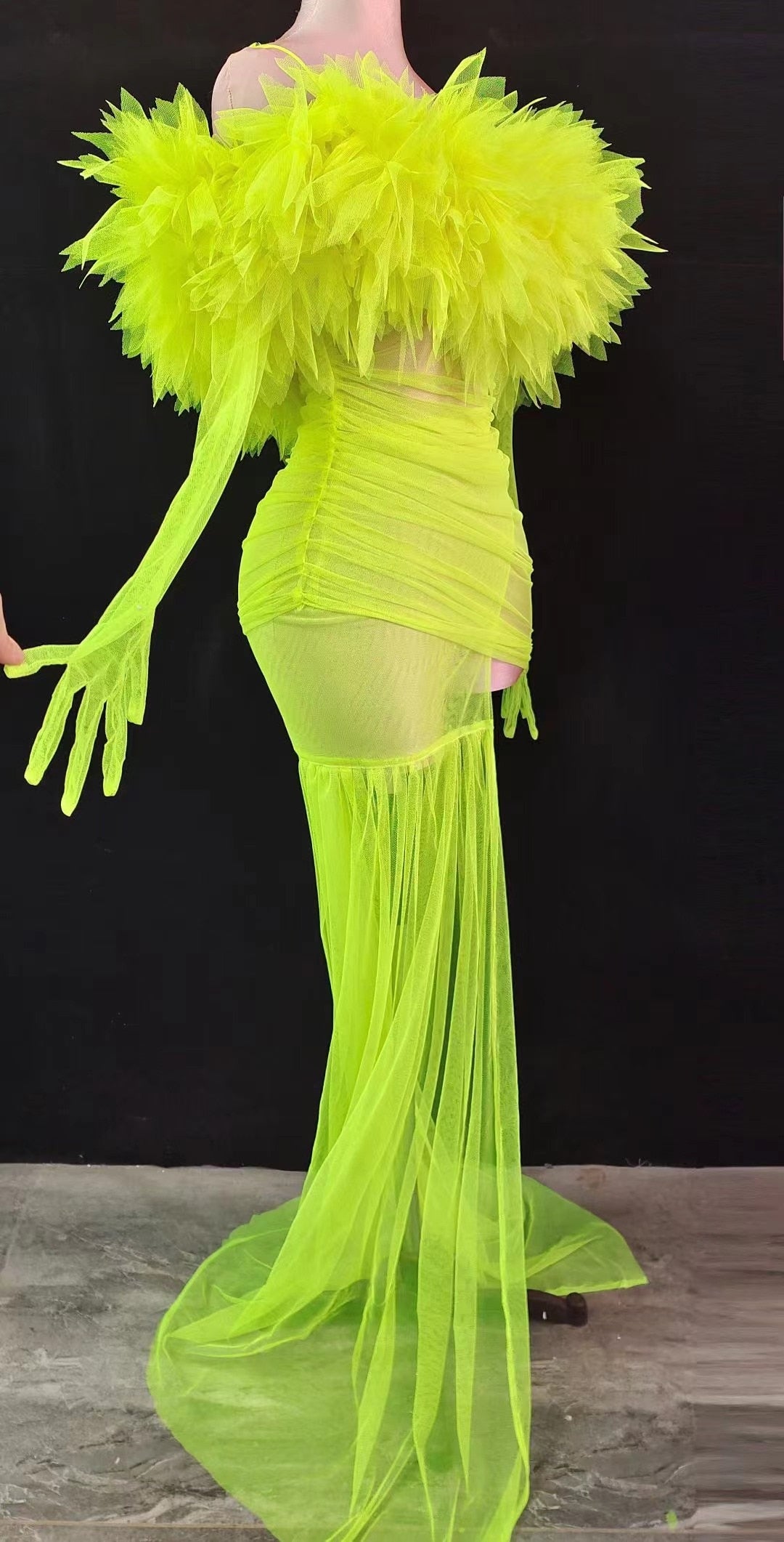 Neon Green Mesh Long Transparent Train Dress