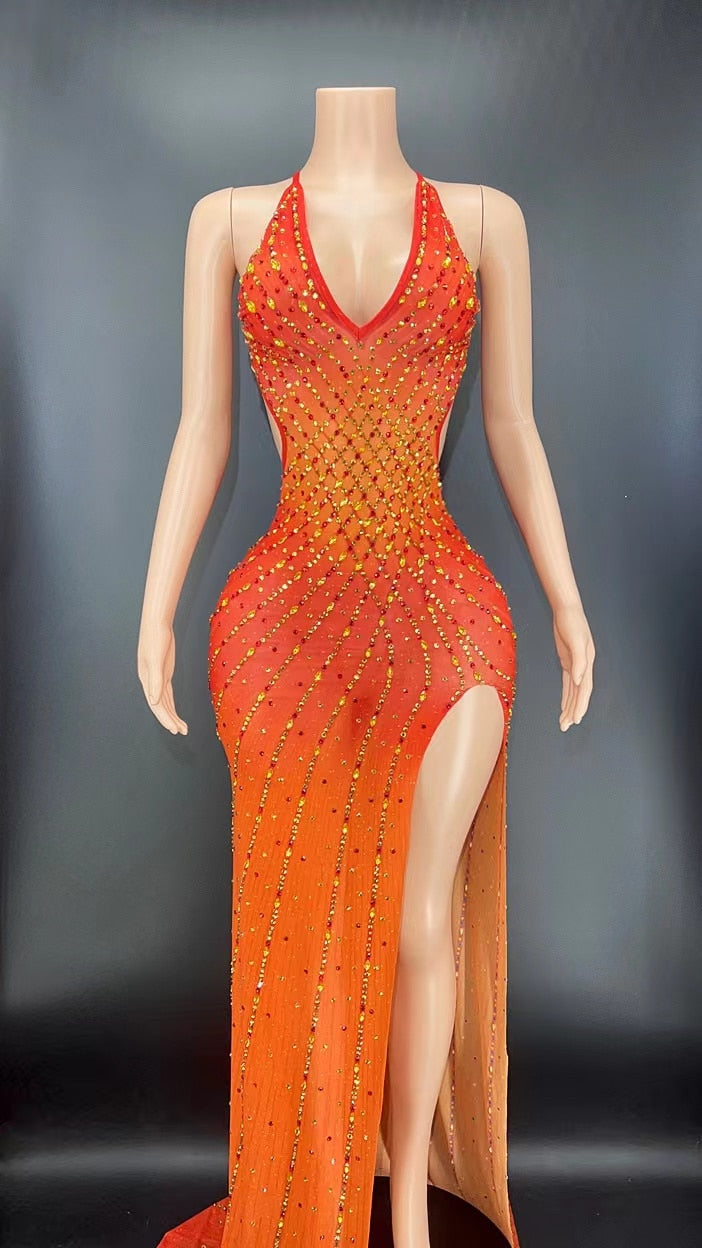 Transparent Sparkly Rhinestone Halter Mesh Dress