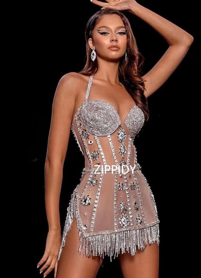 Glisten Silver Crystals Transparent Rhinestones Dress