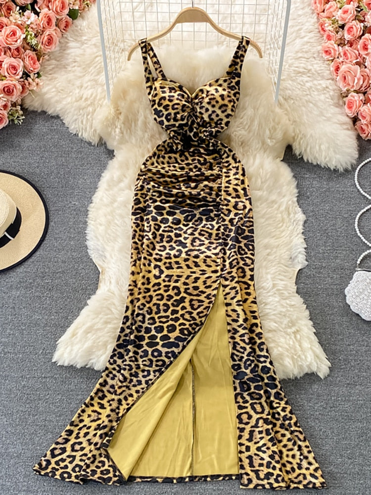 Sleeveless Strapless Leopard High Waist Split Bodycon Dress