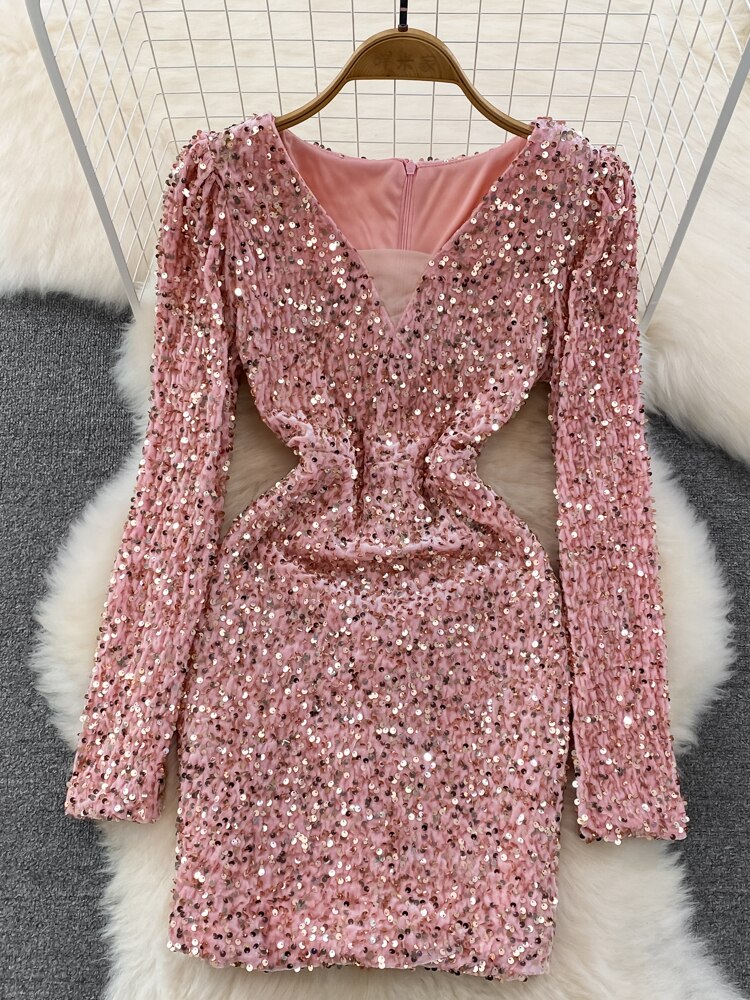 Sequins Glittering Mini Elegant Mesh Patchwork V-neck Long Sleeve Slim Bodycon Velvet Dress