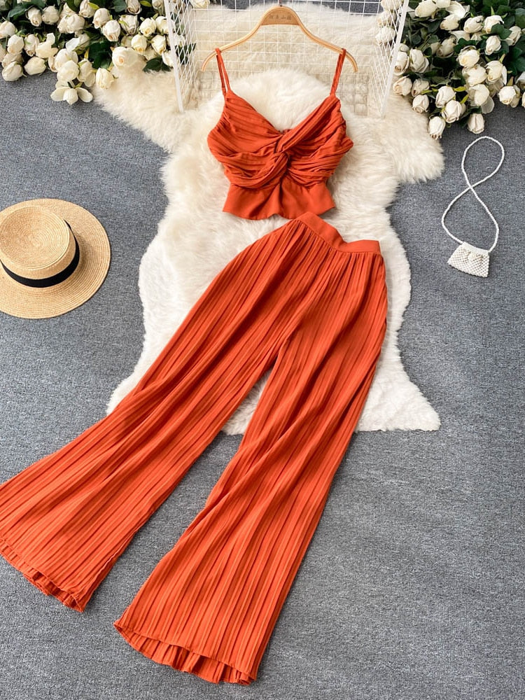 Spaghetti Strap Tops High Waist Long Pants Two Piece Set