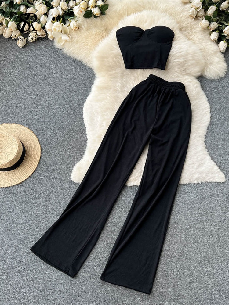 Strapless Slim Camisole + Wide Leg Long Pants Two Piece Suits