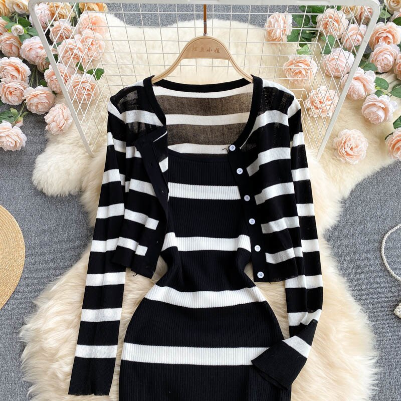 Spaghetti Strap Knitted Cardigan Bodycon Midi Dress