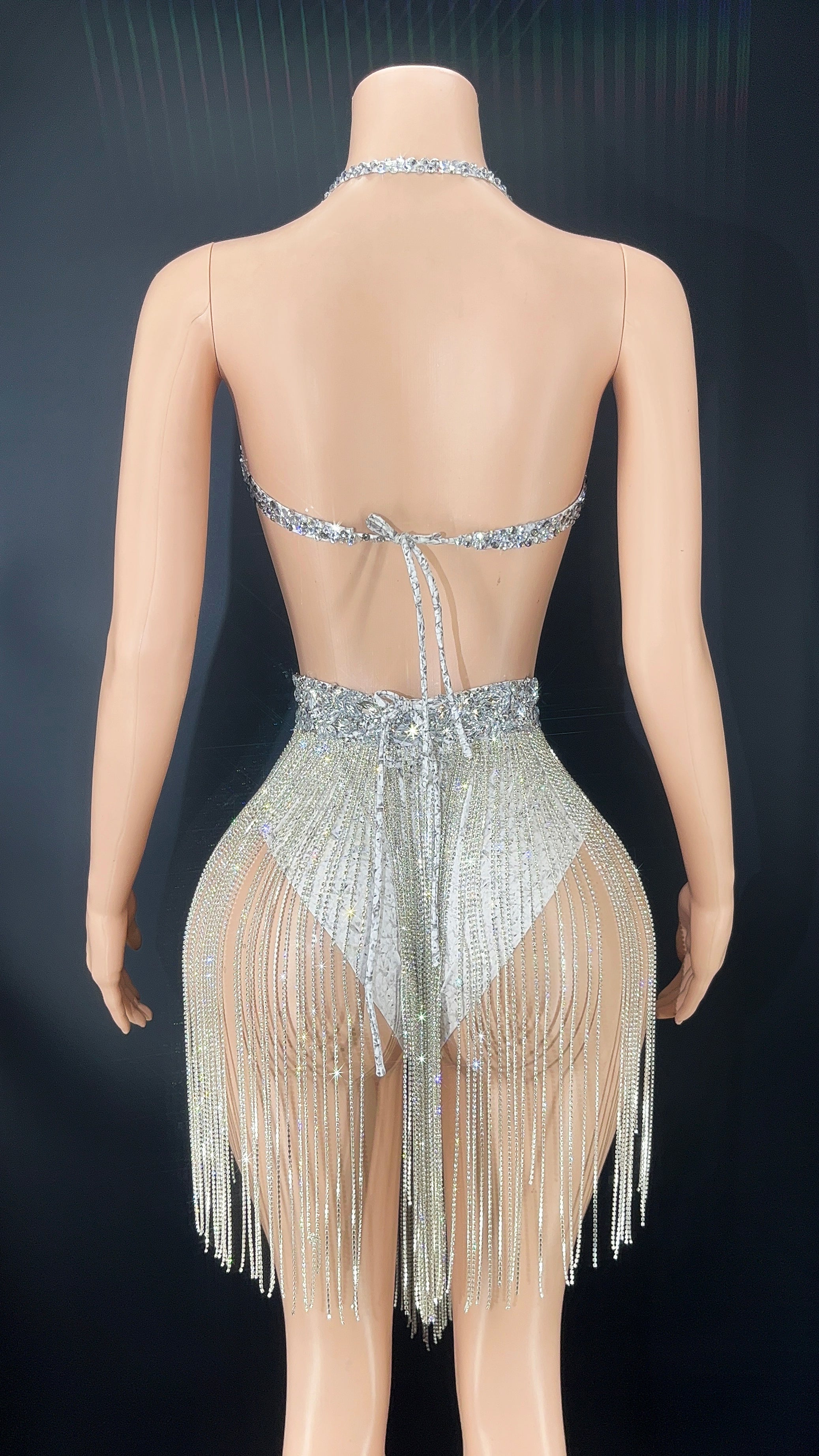 Luxurious Crystals Rhinestones Backless Leotard Dress