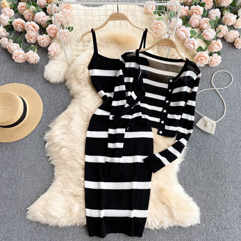 Spaghetti Strap Knitted Cardigan Bodycon Midi Dress