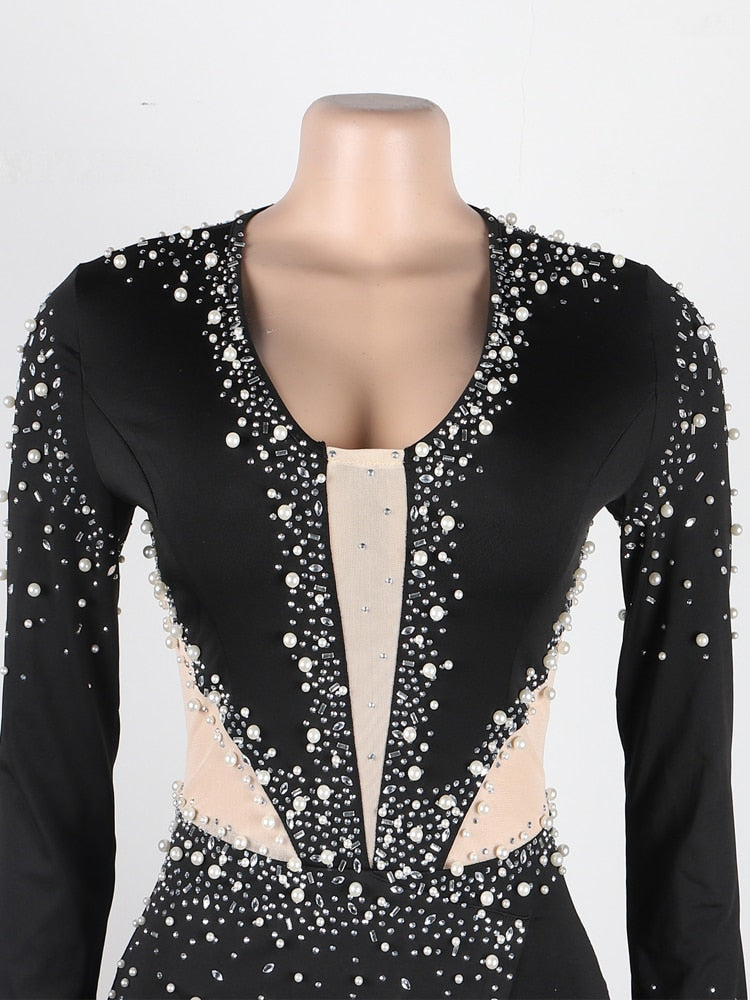 Sheer Mesh Sequins Sparkle Pearl Rhinestone Short Jumpsuits.