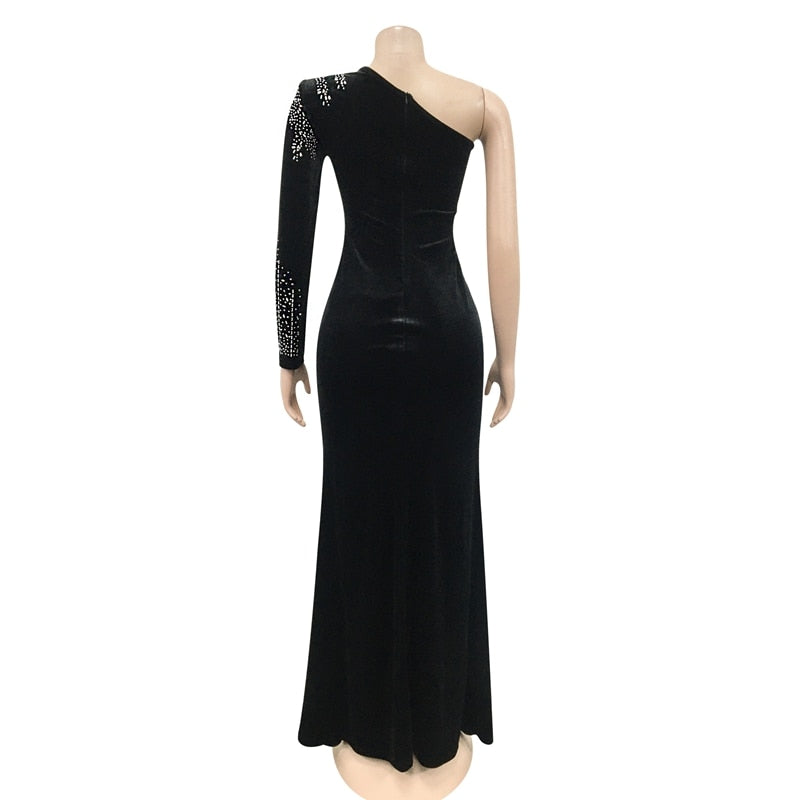 Velvet Elegant Sheer Mesh Rhinestone Bodycon Maxi Dress