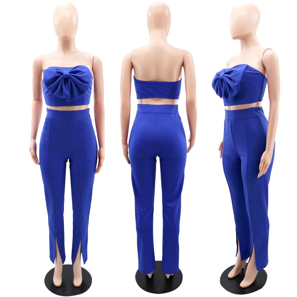 Butterfly Crop Top and Slit Hem Flare Pants Suit