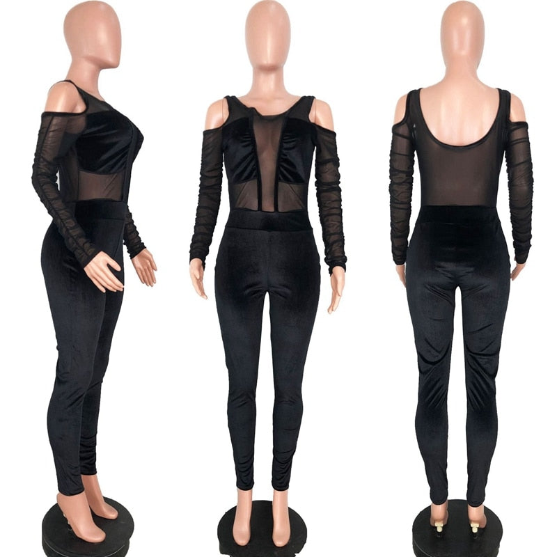 Elegant Long Sleeve Patchwork Bodycon  Mesh Jumpsuit.