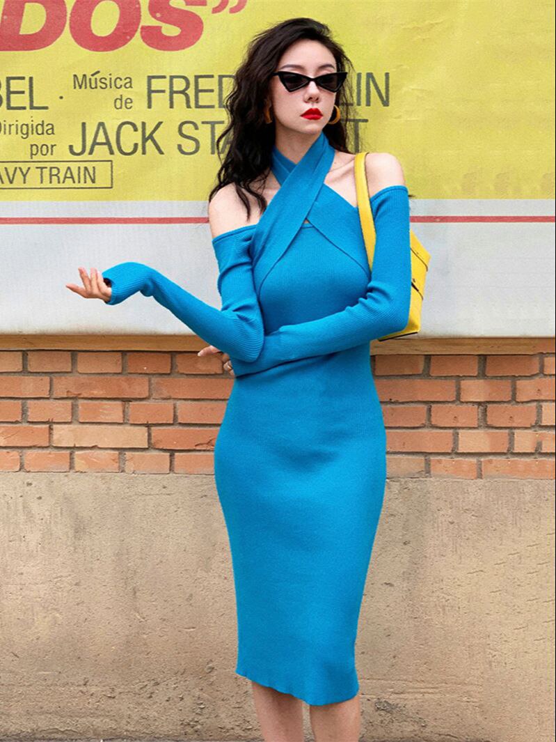 Split Halter Vintage Knitting High Quality Dress