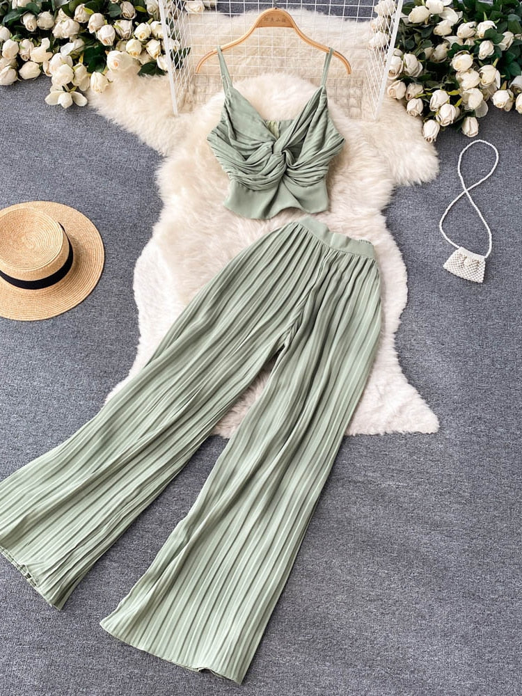 Spaghetti Strap Tops High Waist Long Pants Two Piece Set