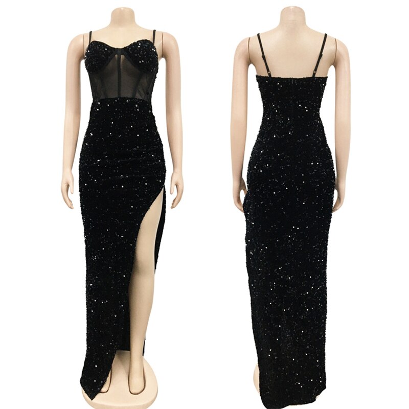 High Slit Glitter Sequin Maxi Dress