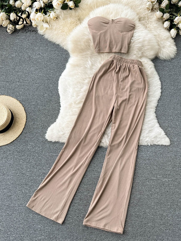 Strapless Slim Camisole + Wide Leg Long Pants Two Piece Suits