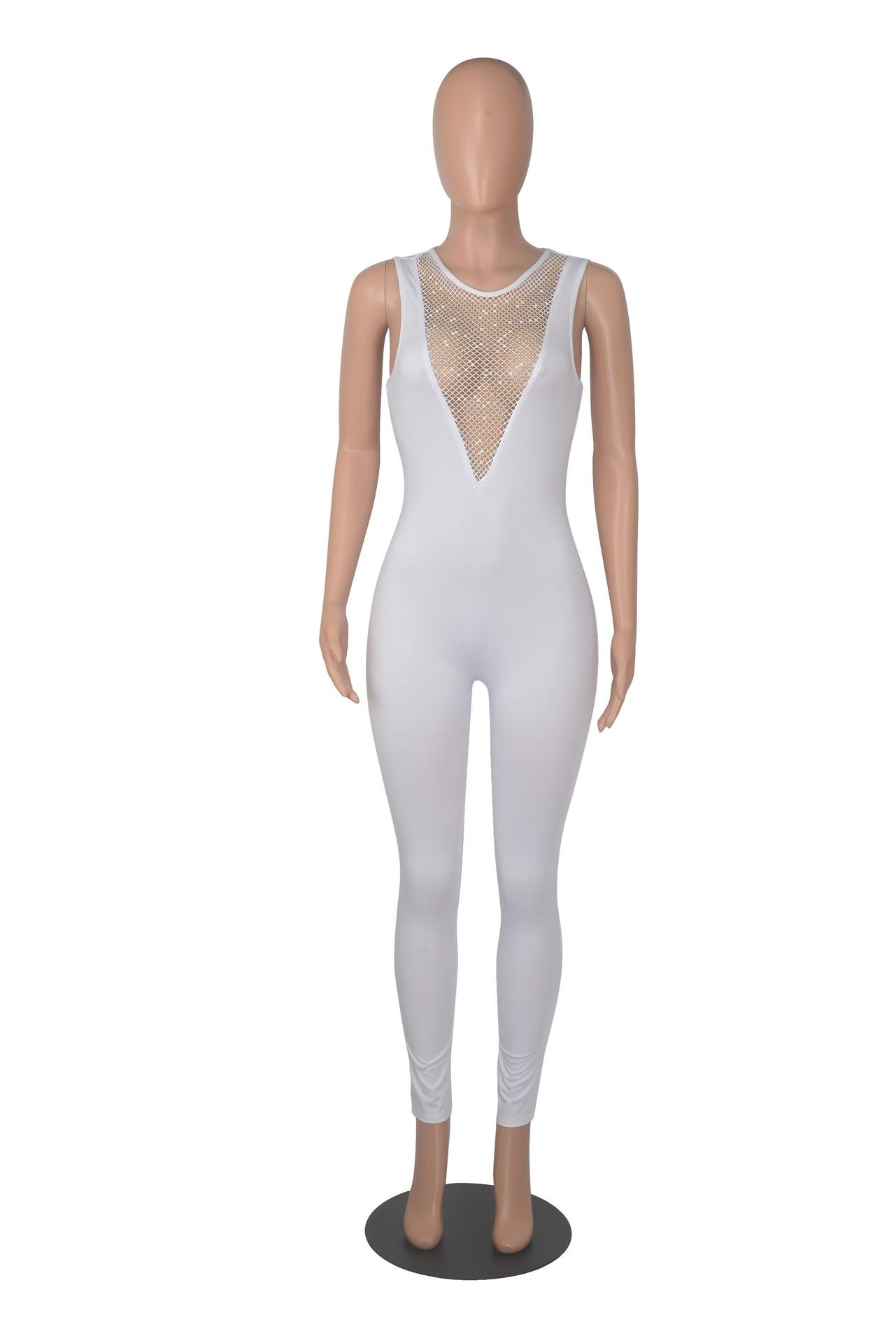 Deep V Neck Sequin Mesh See Through Jumpsuit