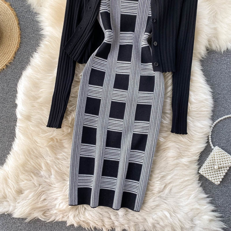 plaid print spaghetti strap bodycon mini dress and long sleeve knit cardigan suits