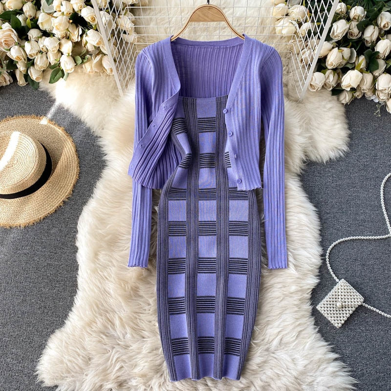 plaid print spaghetti strap bodycon mini dress and long sleeve knit cardigan suits