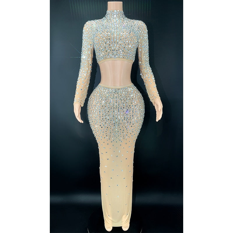 Luxurious Transparent Sparkly Rhinestones Stretchy Two Pieces Set Dress