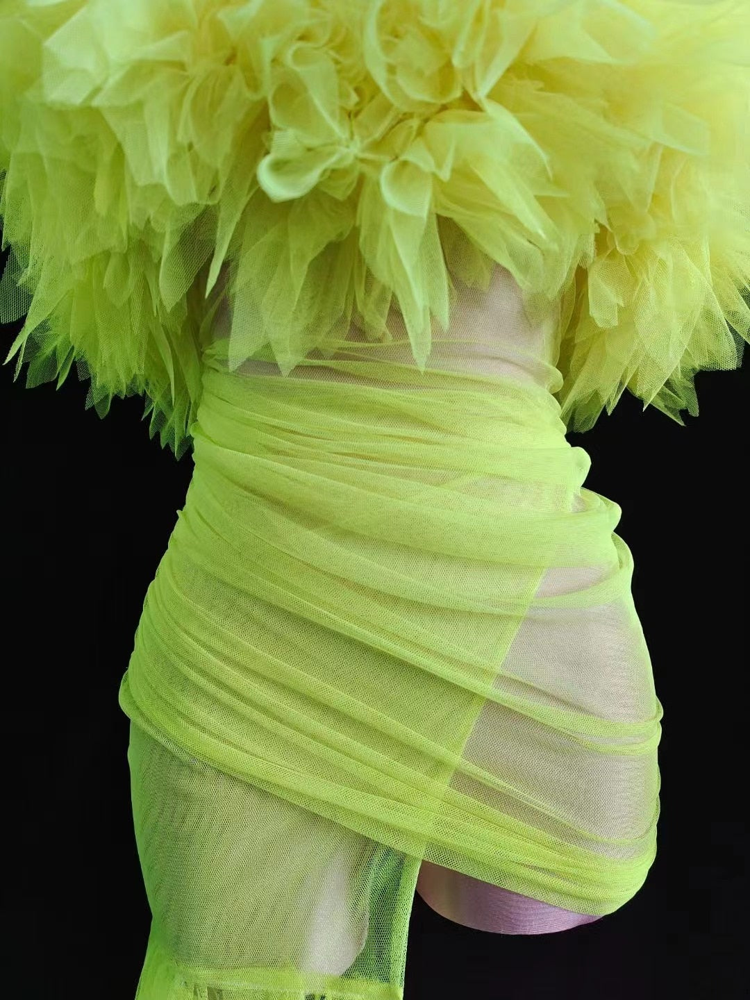 Neon Green Mesh Long Transparent Train Dress