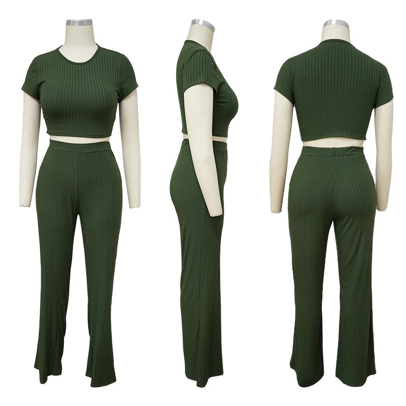 Ladies 2 Piece Set Ribbed O Neck Crop Top and Long Pants Set.