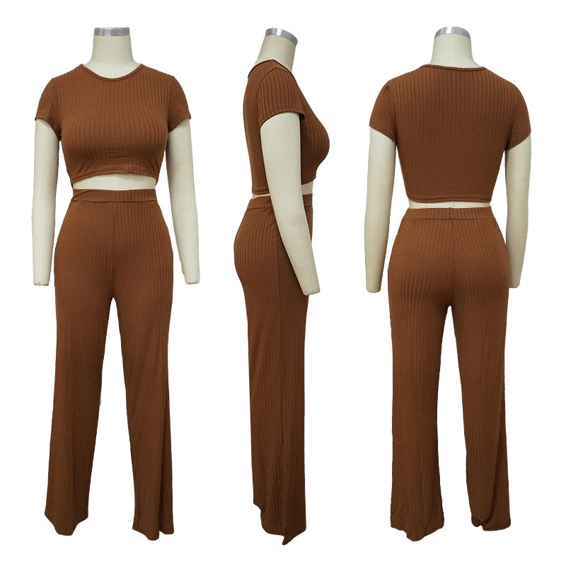 Ladies 2 Piece Set Ribbed O Neck Crop Top and Long Pants Set.